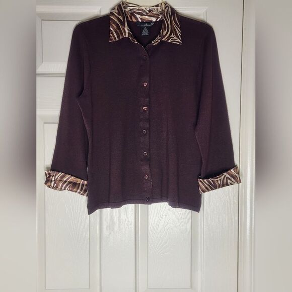 Willi Smith L Women's Brown Cardigan with Patterned Collar and Cuff SILK Blend - Picture 2 of 8